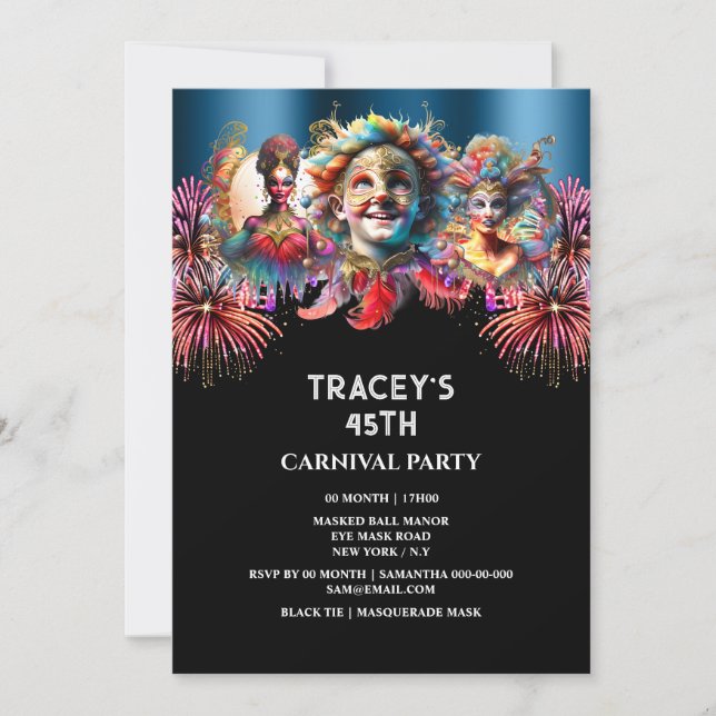 Convite Carnaval noturno fogos de artifício mascarada azul (Frente)