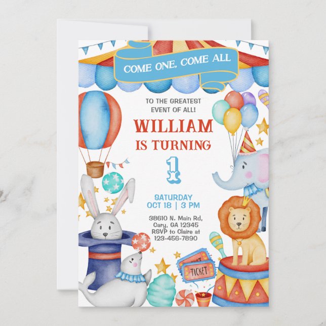 Convite Carnival / Circus blue boy birthday invitation. (Frente)