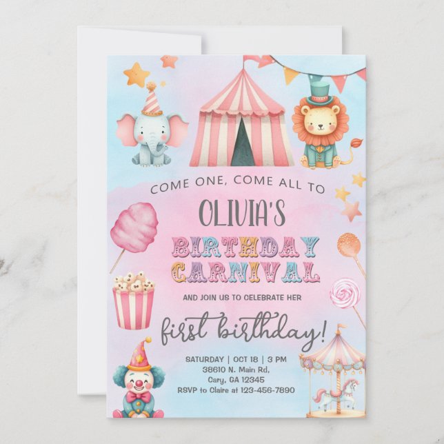 Convite Carnival / Circus pink girl birthday invitation. (Frente)