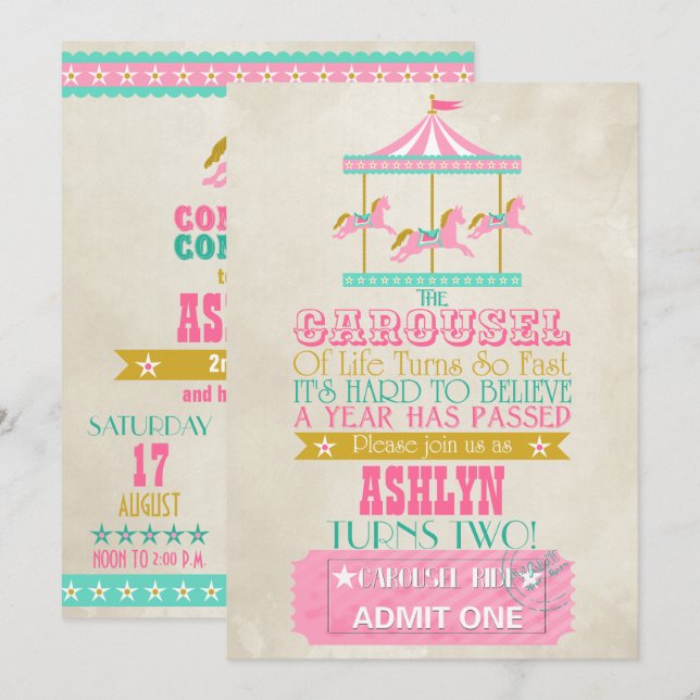 Convite Carousel Birthday (Frente/Verso)