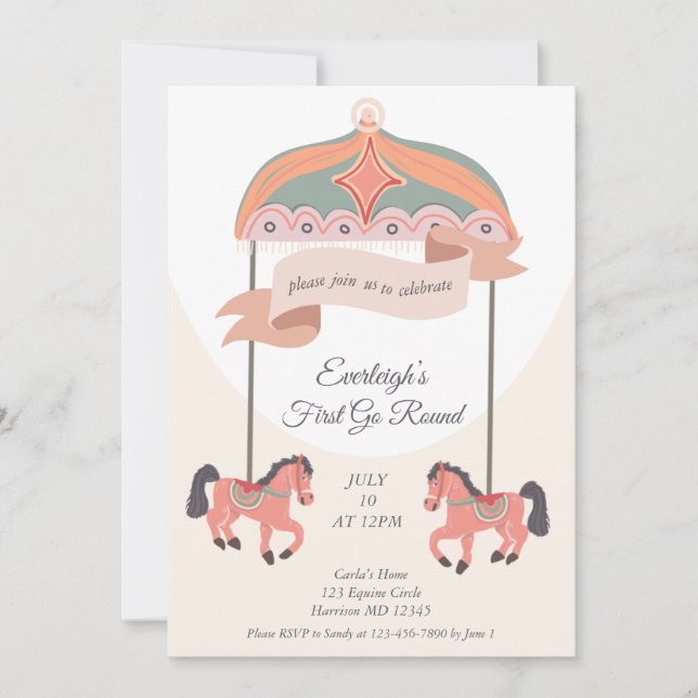 Convite Carousel Horse Go Round First Birthday  Invitation (Frente)