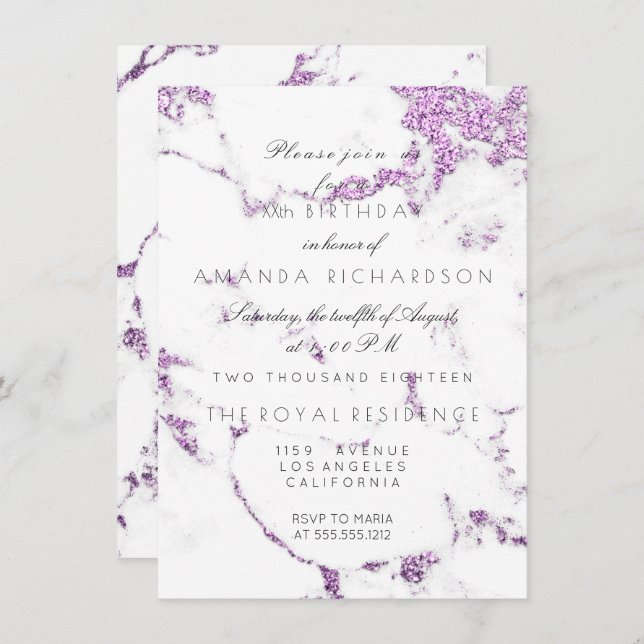 Convite Carrara White Marble Purple Lavend Glitter Elegant (Frente/Verso)