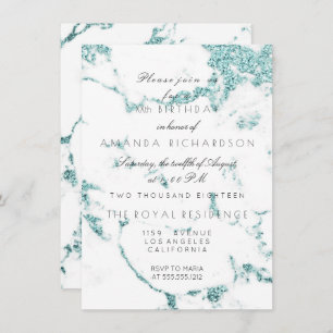 Convite Carrara White Marble Tiffany Aqua Glitter Aniversá