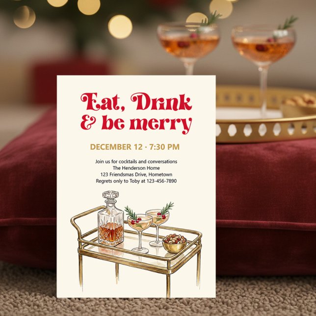 Convite Carrinho de Bar Retro Coma Beba e Alegre-se Festa  (Eat Drink & Be Merry Holiday Party Invitation by Darling & May - printed or digital download)