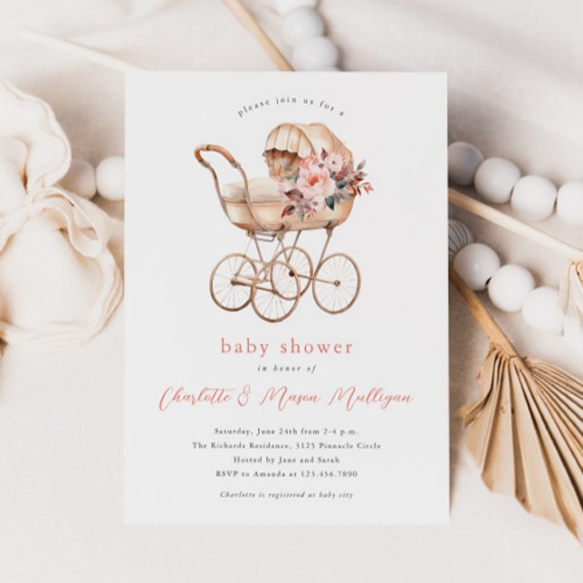 Convite Carrinho de Bebê Antigo Chás de Bebê para Meninas  (Vintage baby carriage blush pink floral boho couples girls baby shower invitations.)
