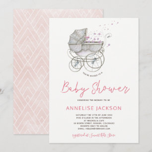 Convite Carrinho de bebê blush aquarela baby girl shower