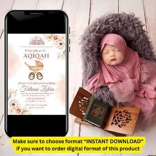 Convite Carrinho de Bebê Floral Rosa Menina Muçulmana Aqiq