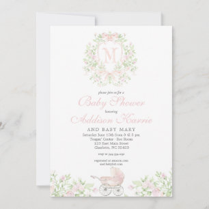 Convite Carrinho de bebê menina Monograma