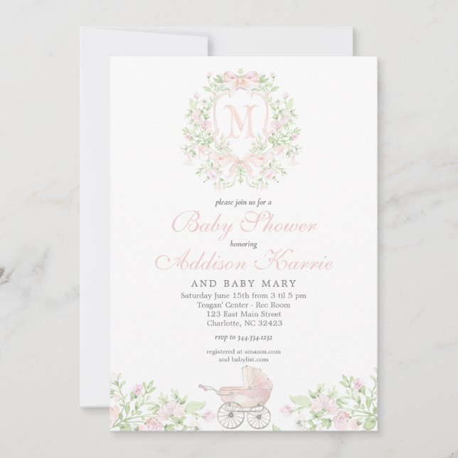 Convite Carrinho de bebê menina Monograma (Frente)