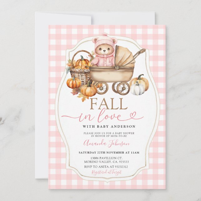 Convite Carrinho de Bebê Pink Bear Fall Baby Shower (Frente)