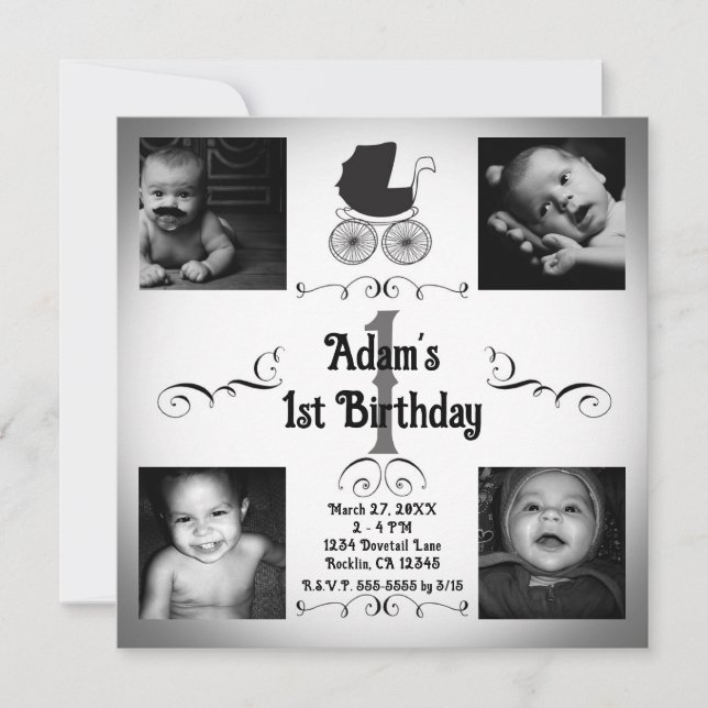 Convite Carrinho de Bebê Preto e Branco Foto de 1º Anivers (Frente)