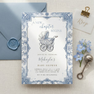 Convite Carrinho de Bebê Toile de Chinoiserie Azul Present