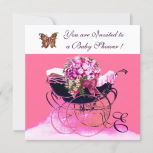 CONVITE CARRINHO DE BEBÊ VINTAGE COM FLORES,BORBOLETAS CHÁ