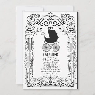 Convite Carrinho de Bebê Vintage Preto e Branco Decoração 