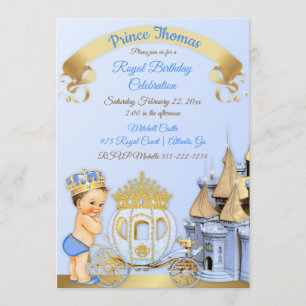 Convite Carrinho de Castelo do Príncipe Real Azul Dourado 