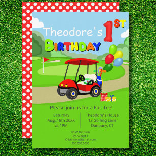 Convite Carrinho de Golfe Vermelho de primeiro aniversario