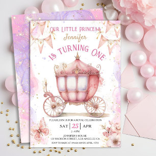 Convite Carrinho de Princesa Aniversário de 1 ano Menina R