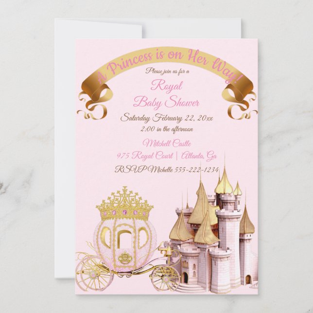 Convite Carrinho de Princesa Real Castelo Rosa Dourado Men (Frente)