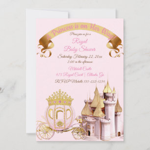 Convite Carrinho de Princesa Real Castelo Rosa Dourado Men