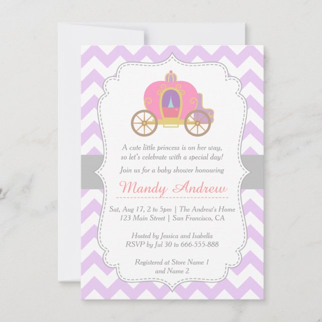 Convite Carrinho Princesa Chevron Roxo, Chá de Bebê Menina (Frente)