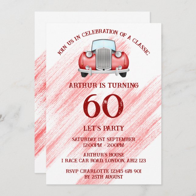 Convite Carro Clássico Vermelho Retro Antigo Aquarela (Frente/Verso)