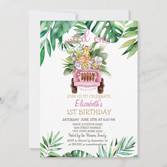 Convite Carro de Animais Selvagens Safari,Saia do primeiro (Frente)