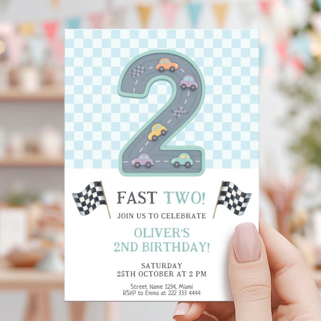 Convite Carro de Aniversário Pastel Rápido Dois (Criador carregado)