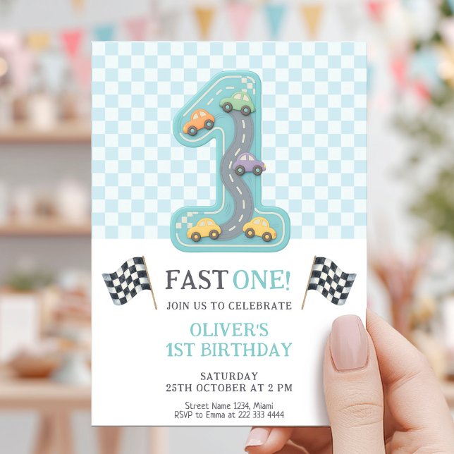 Convite Carro de Aniversário Pastel Rápido Um (Criador carregado)