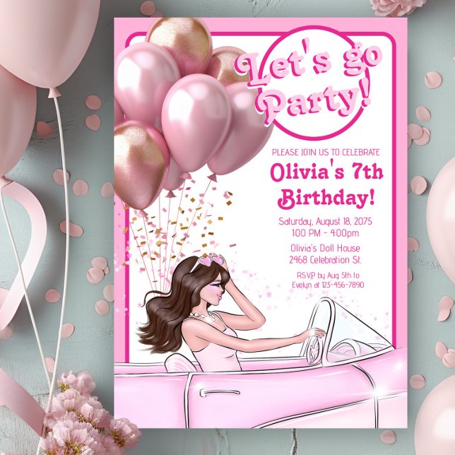 Convite Carro de boneca da moda rosa para festa de anivers (Girl pink fashion doll in car birthday party invitation. Simply add your event details.)