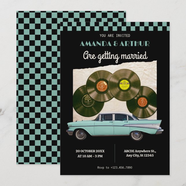 Convite Carro de casamento clássico vintage (Frente/Verso)
