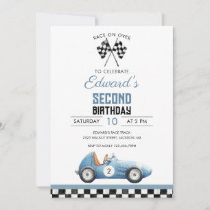Convite Carro de Corrida Azul Aniversário de Qualquer Idad