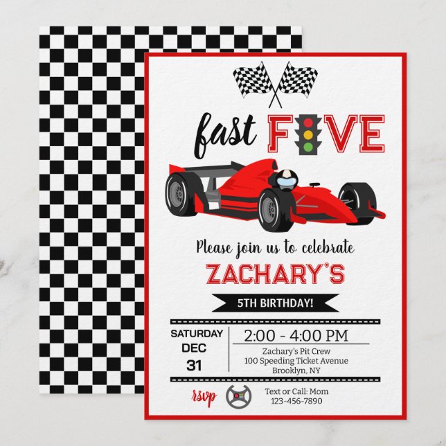 Convite Carro de Corrida Fast & Five Chama Vermelha Festa  (Frente/Verso)