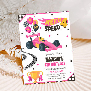 Convite Carro de Corrida Rosa Aniversário de 4 anos