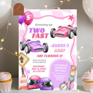 Convite Carro de Corrida Rosa Gêmeos Duas Meninas Rápidas