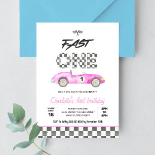 Convite Carro de Corrida Rosa Vintage Fast ONE 1º Aniversá