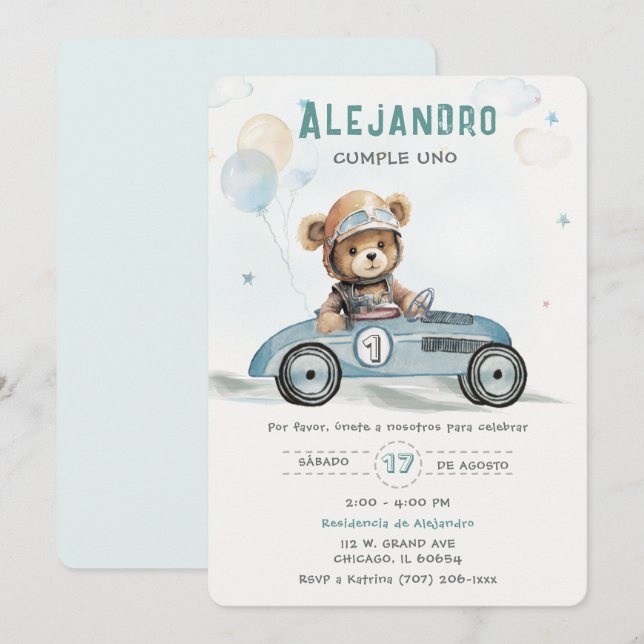 Convite Carro de Corrida Ursinho Bebê Primeiro Aniversário (Frente/Verso)