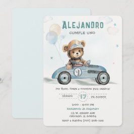 Convite Carro de Corrida Ursinho Bebê Primeiro Aniversário