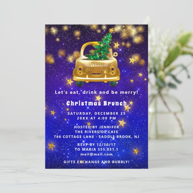 Convite Carro Dourado Feliz Natal Marinho Janto de estrela (Em pé/Frente)