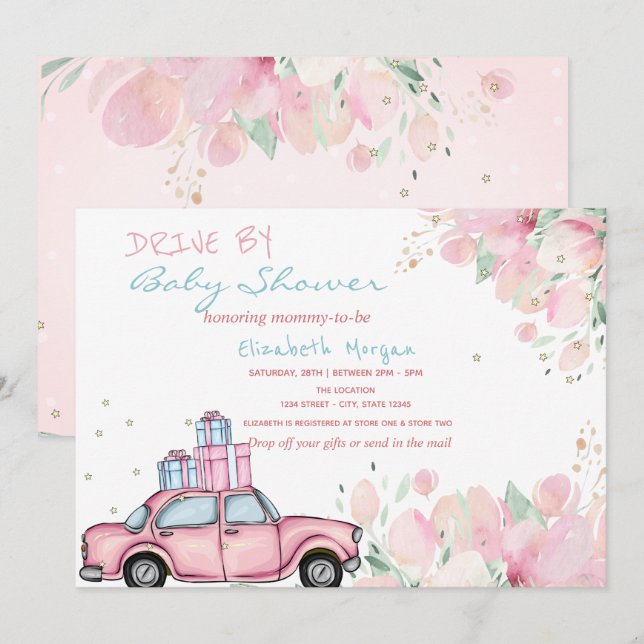 Convite Carro Rosa Apresenta Chuveiro de Bebê de Flores ao (Frente/Verso)