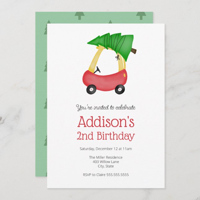 Convite Carro Vermelho de inverno com Árvore de aniversári (Frente/Verso)