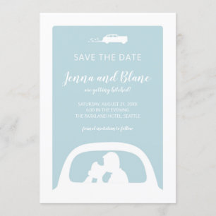 Convite Carro vintage e recém-casados beijando salvar a da