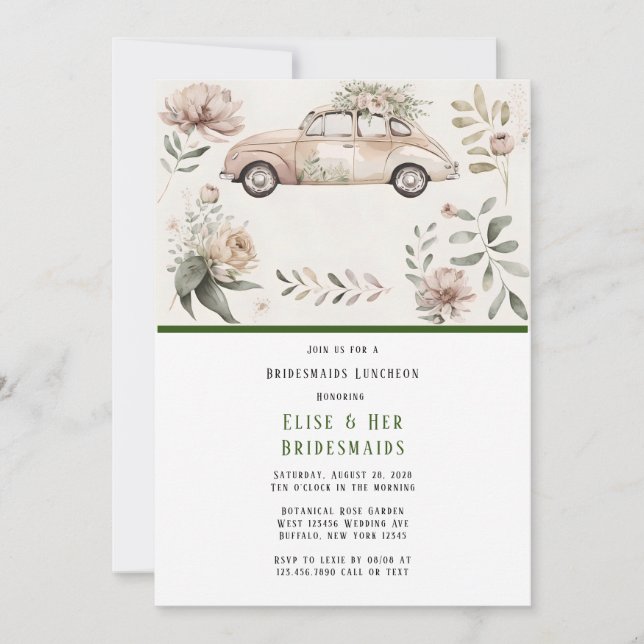 Convite Carro vintage Floral Bridesmaids Luncheon (Frente)