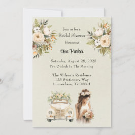 Convite Carro vintage Verde Claro Chá de panela Floral
