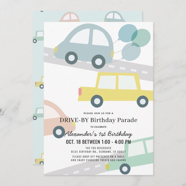 Convite Carros com Balões Blue Boy Drive by Birthday (Frente/Verso)