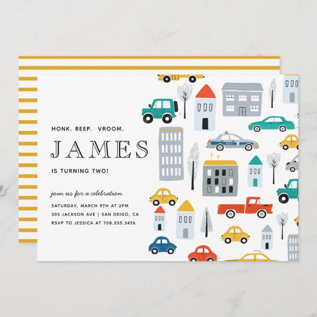 Convite Carros de transporte de cidades Segunda Festa de a (Frente/Verso)