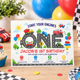Convite Carros de Transporte Fofos menino 1º Aniversário