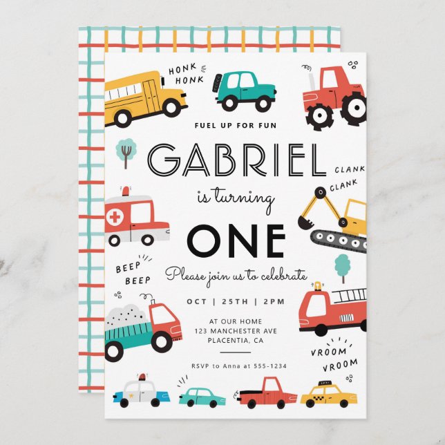 Convite Carros e Caminhões - festa de aniversário de trans (Frente/Verso)