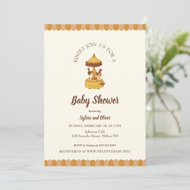 Convite Carrossel chá de fraldas bonitinho neutro (Em pé/Frente)