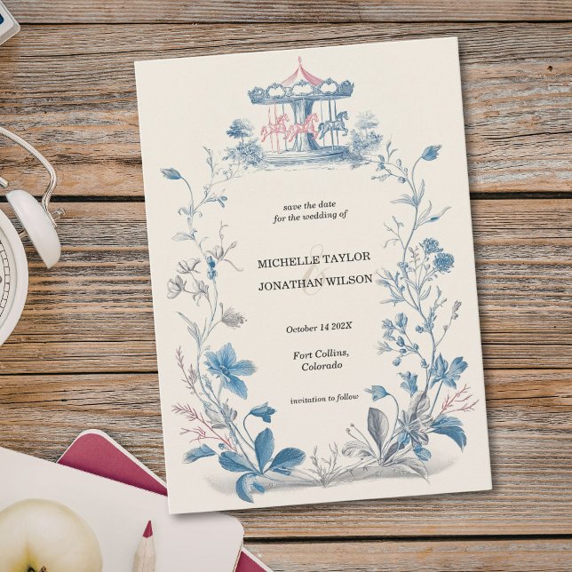 Convite Carrossel de Jardim Vitoriano Antigo Salve a Data (Vintage Victorian Garden Carousel Save the Date Invitation)