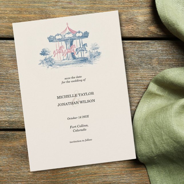 Convite Carrossel Vitoriano Antigo Salve a Data (Vintage Victorian Carousel Save the Date Invitation)